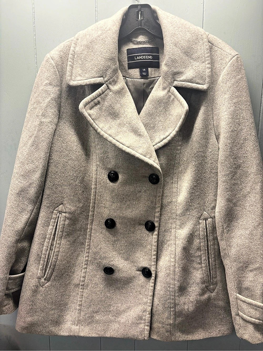 Lands' End Women's Insulated Double Breasted Wool Pea Coat Gray 14